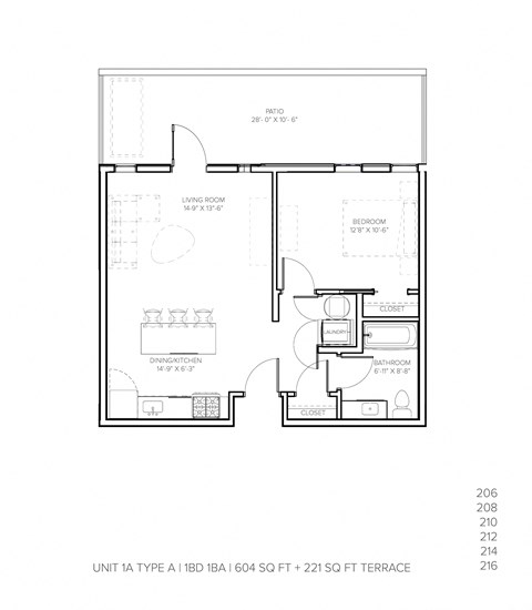 Floor plan for 1 bed, 1 bath, 604 sqft